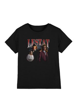 Black T-shirt with red and silver "LESTAT" text and three images of a person with long hair in different outfits and poses.
