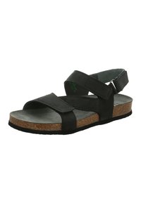 Schwarze Leder-Sandale mit verstellbaren Riemen, Korkfußbett und strukturierter Sohle. Merkmale ein minimalistisches Design und offene Zehen.