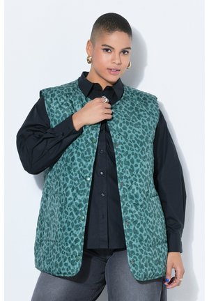 Osoba s krátkými vlasy nosící zlaté kruhové náušnice, tyrkysovou vestu s leopardím vzorem přes černé tričko, pózující na bílém pozadí.