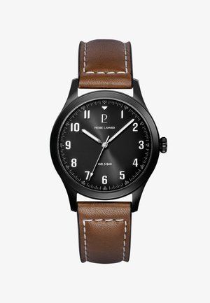 Juodas apvalus rankinis laikrodis su baltomis skaitmenimis, sidabrinėmis rodyklėmis, rodančiomis 10:10:36, ir rudos spalvos siuvinėta odine apyranke.