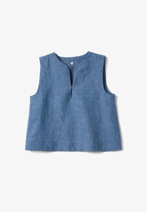 Ärmelloses blaues Leinen-Top mit rundem Ausschnitt und kleinem vorderem Schlitz, dargestellt auf weißem Hintergrund.