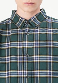 Groen geruit overhemd met een button-down kraag, zwarte knopen en afwisselende strepen van geel en blauw. Zachte stofstructuur is zichtbaar.