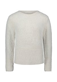 Weißer, flauschiger Pullover mit rundem Ausschnitt. Strukturierten Körper und glatten Rippdetails am Saum und an den Bündchen. Lange Ärmel, lässige Passform.