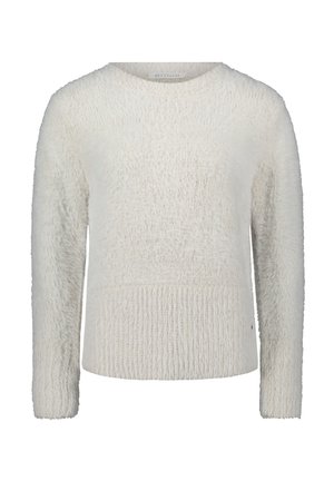 Hvid, fluffy sweater med rund halsudskæring. Tekstureret krop med glatte ribkanter i kanten og ved ærmerne. Lange ærmer, afslappet pasform.
