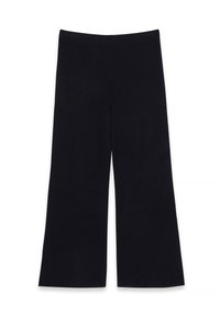 Pantalon en tricot noir à jambes larges, taille haute, sans fermetures visibles, étalé à plat sur un fond blanc.