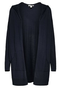Donkerblauwe cardigan met een zachte, lichte textuur. Voorzien van een capuchon, twee voorzakken en een open ontwerp, geschikt voor het laagen.