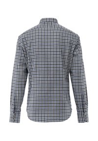 Langärmliges Hemd mit Knöpfen, das ein blau-weißes Karomuster, einen abgerundeten Saum und geknöpfte Manschetten aufweist. Hergestellt aus gewebtem Stoff mit einem strukturierten Kragen.