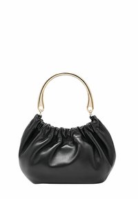 Sort læder håndtaske med en samlet design, guld metalhåndtag og glat tekstur, med afrundede kanter og en kompakt form.