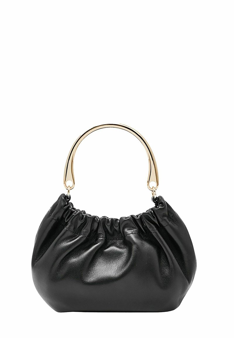 Sort læder håndtaske med en samlet design, guld metalhåndtag og glat tekstur, med afrundede kanter og en kompakt form.