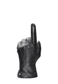 Svart läderhandske med ett upphöjt pekfinger. Egenskaper inkluderar sydda accenter och en rundad manschett. Slät textur och åtsittande design.