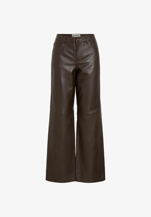 Brown leather wide-leg pants with a smooth texture, featuring a high waist, button closure, and pockets on the front and back.