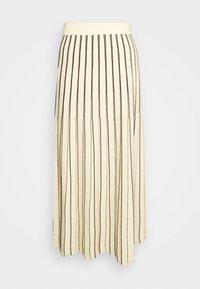 Falda midi plisada crema con rayas marrones verticales. Tejido suave, cinturilla elástica y diseño fluido que llega hasta la mitad de la pantorrilla.