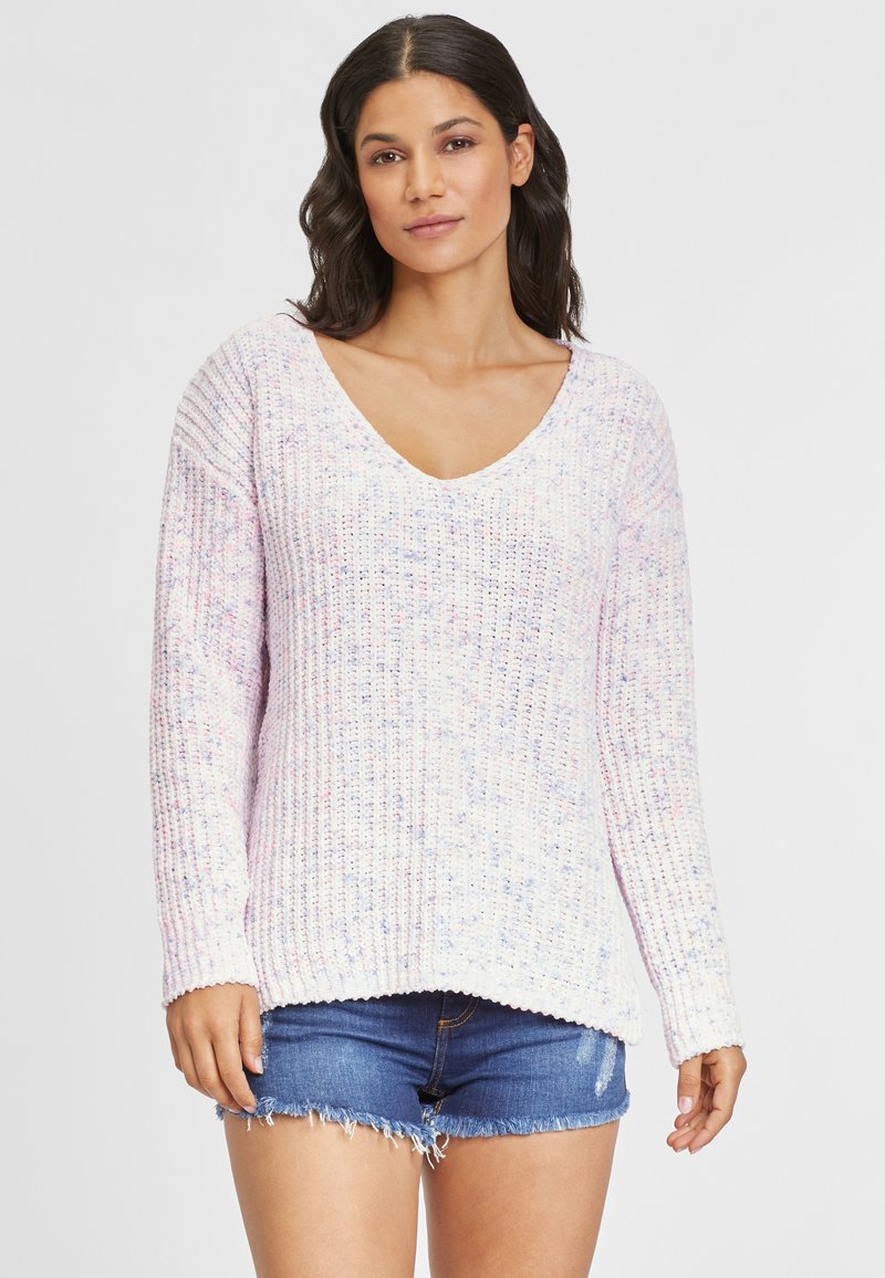 Leichter Strickpullover in Pastellfarben von Rosa, Blau und Weiß. Mit V-Ausschnitt, langen Ärmeln und einem leicht lockeren Schnitt mit geripptem Textur.