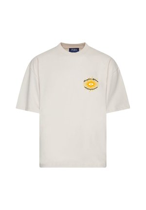 Light beige T-shirt in cotton, featuring a round neckline and short sleeves. Front logo showcases an eye design with yellow accents and rays.