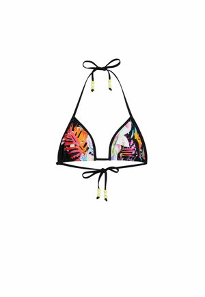 Dreieckiger Bikinioberteil mit schwarzem Besatz, buntem tropischem Blattmuster und schwarzen Bändern mit gelben und weißen Perlen am Hals und Rücken.