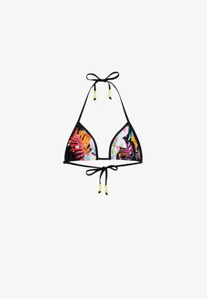 Trekants bikini-top med sort kant, farverigt tropisk bladmønster og sorte snore med gule og hvide perler ved nakke og ryg.