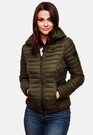 Olive green quilted jacket with a hood, featuring zippered front and side pockets, crafted from a smooth, lightweight material.
