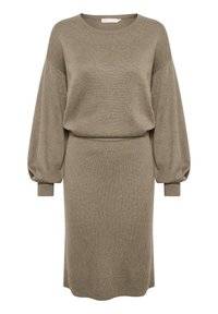 Abito lavorato a maglia beige con scollatura rotonda, spalle scese e lunghe maniche a palloncino, caratterizzato da una vita aderente e un tessuto texture.