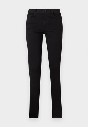 Schwarze, enge Jeans aus Denim mit niedriger Taille, vorderen Taschen und Knopfverschluss. Mit einer glatten Textur und minimalistischen Design.