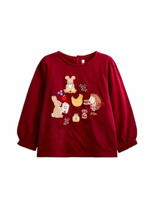 Rode lange mouwen kindsshirt met geborduurde muis, konijn, kip, egel, potten en bladeren aan de voorkant.