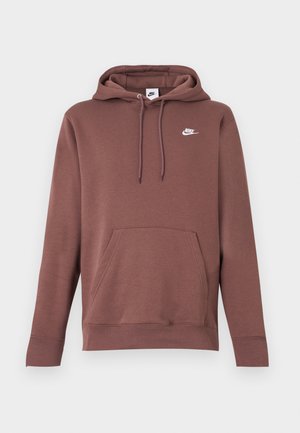 Brown hoodie with a front pocket, drawstring hood, and a white Nike logo on the chest. Made from textured fabric with ribbed cuffs.
