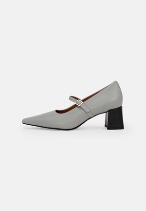 Šedá kožená botička Mary Jane s špičatou špičkou, tenkým páskem kolem kotníku a masivním černým podpatkem. Hladká textura s minimalistickým designem.