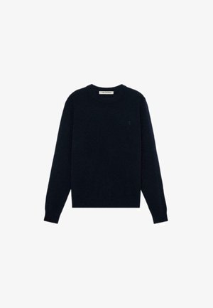 Maglione girocollo blu navy realizzato in materiale a maglia, con maniche lunghe e orlo aderente; presenta un logo ricamato discreto sul petto.