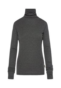 Gray turtleneck top made of soft fabric, featuring long sleeves, a fitted design, and subtle ribbed texture at the cuffs.