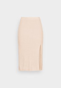 Pletená tužková sukně v jemné béžové barvě, s žebrovanou strukturou a bočním rozparkem pro zvýraznění detailu. Elastický pás pro pohodlné nošení.