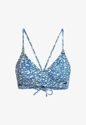 Top de bikini triangular azul com um padrão misto de azul, azul claro e amarelo pálido. Apresenta finas alças ajustáveis e um fecho frontal com laço.
