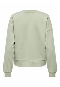Lichtgroene crewneck sweatshirt met lange mouwen, geribbelde manchetten en zoom, van achteren getoond op een witte achtergrond.
