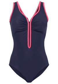 Maillot de bain une pièce navy avec une fermeture éclair sur le devant, présentant des accents roses et des détails de tissu froncé autour de la poitrine pour un look ajusté.