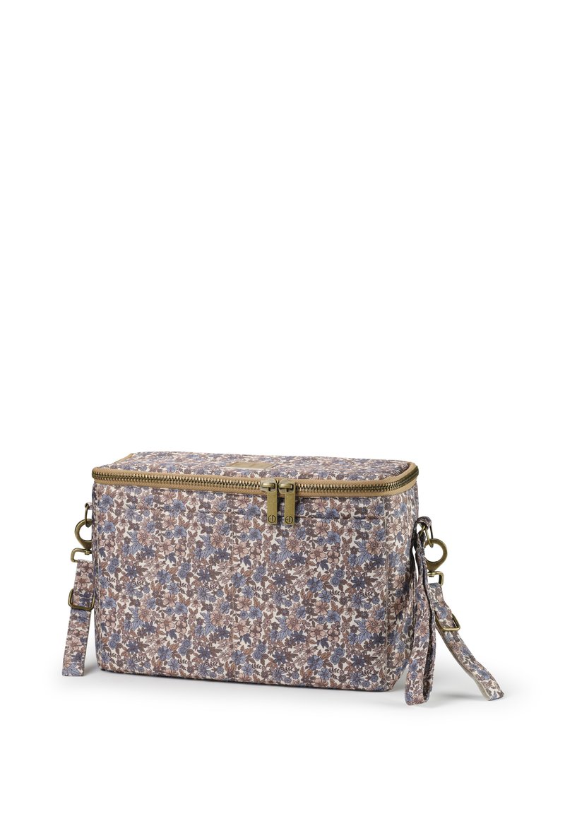 Kukkakuosiset suorakaiteen muotoiset laukut, joissa on vetoketjukiinnitys, valmistettu kestävästä materiaalista, irrotettavalla hihnalla ja pronssivärisillä yksityiskohdilla.