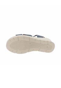 Sandal blu con due cinghie superiori e una suola in gomma bianca spessa caratterizzata da un motivo testurizzato per la presa. Taglia indicata come 37.