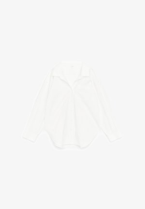 White long-sleeve button-up shirt with a collar, laid flat on a white background.