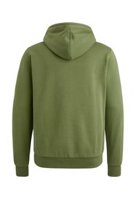 Felpa verde con tessuto testurizzato, dotata di cappuccio, polsini a costine e orlo dritto. La vista posteriore mostra un design uniforme e liscio.