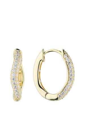 Gold hoop earrings with curved design, partially encrusted with two rows of small round clear gemstones.
