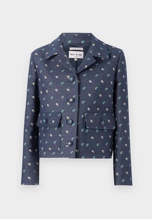 Giacca blu navy con motivo floreale, due tasche sul petto e colletto a scollo a V. Realizzata in tessuto testurizzato con chiusura a bottoni.