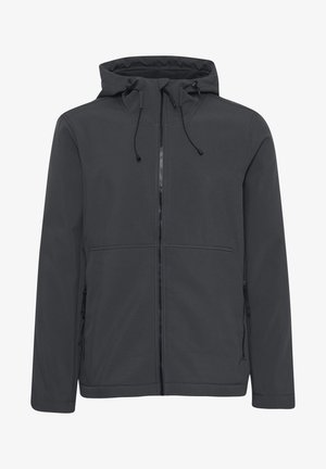 Tamno sivi kaput s kapuljačom s punim prednjim zatvaračem, podesivim uzicom, dva bočna džepa i glatkom teksturom tkanine.