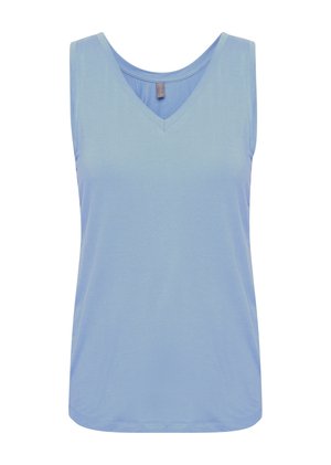 Top sin mangas de color azul claro con diseño de escote en V, hecho de material suave, con un corte holgado y textura suave en todo el prenda.