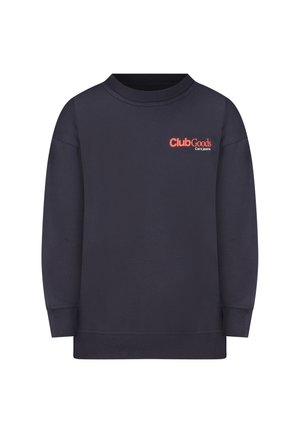 Marineblauwe sweatshirt met lange mouwen, geribbelde manchetten en zoom, met rode tekst "Club Goods Cars Jeans" op de linkerborst.