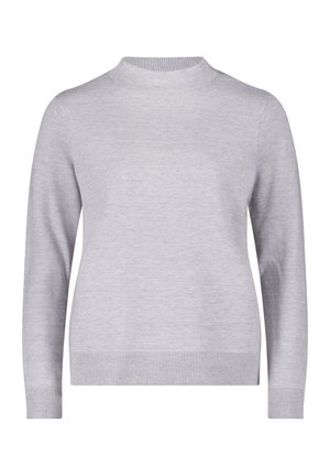 Ljusgrå tröja i mjukt stickat material, med hög krage, långa ärmar och ribbade mudd och fåll. Enkelt design, inga mönster.