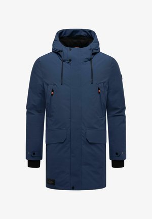 Navy blauwe parka-jack gemaakt van waterdicht materiaal, met een gevoerde capuchon, meerdere zakken en elastische manchetten voor isolatie.