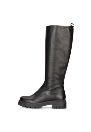 Stivale nero in pelle fino al ginocchio con una finitura testurizzata, suola piatta in gomma e un tassello per il pull alla cima. Caratterizzato da un design elegante e punta tonda.