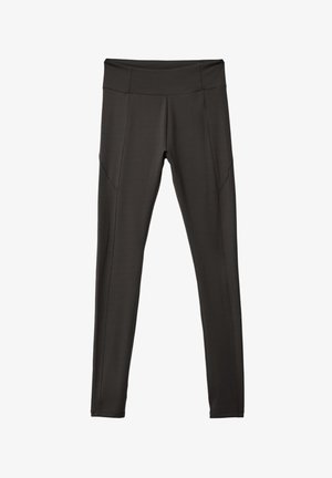 Leggings sportivi neri a vita alta con cuciture laterali e una cintura liscia, progettati per una vestibilità aderente e confortevole.