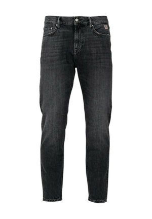 Jeans neri aderenti con cinque tasche, chiusura con bottoni e lievi dettagli sbiaditi su cosce e ginocchia.