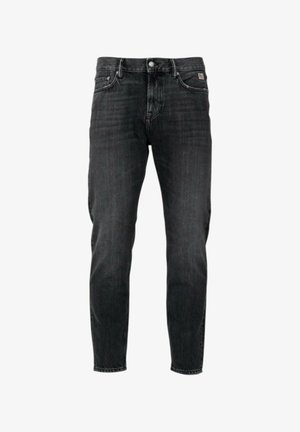 Zwarte slim-fit jeans met vijf zakken, knoopsluiting en subtiele vervaagde details op de dijen en knieën.