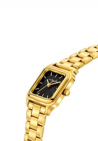 Goldenes rechteckiges Uhr mit schwarzem Zifferblatt, goldenen Stundenmarkierungen und passendem goldenen Gliederarmband. Auffällige Krone an der Seite.