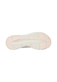 Suela de zapato con una base blanca y un patrón de agarre texturizado en rosa. Secciones divididas que ofrecen flexibilidad y tracción para el movimiento.