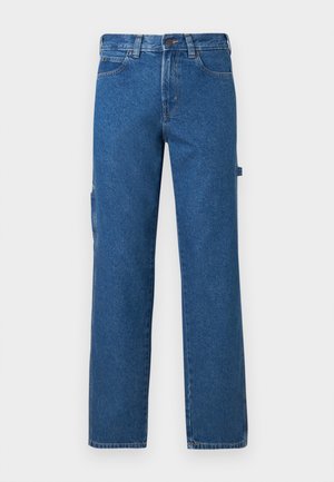 Blå jeans i denim med rett ben, med fem lommer, glidelås med knapper og en sidelomme på venstre ben. Klassiske sømmer.